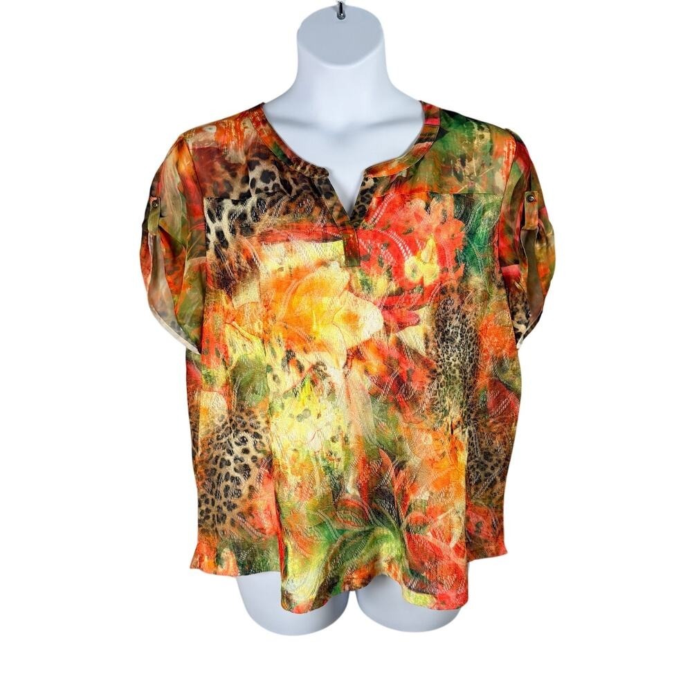 Chico's Top Womens 3 Multicolor Cheetah Floral Summer Surprise Mesh‎ Overlay